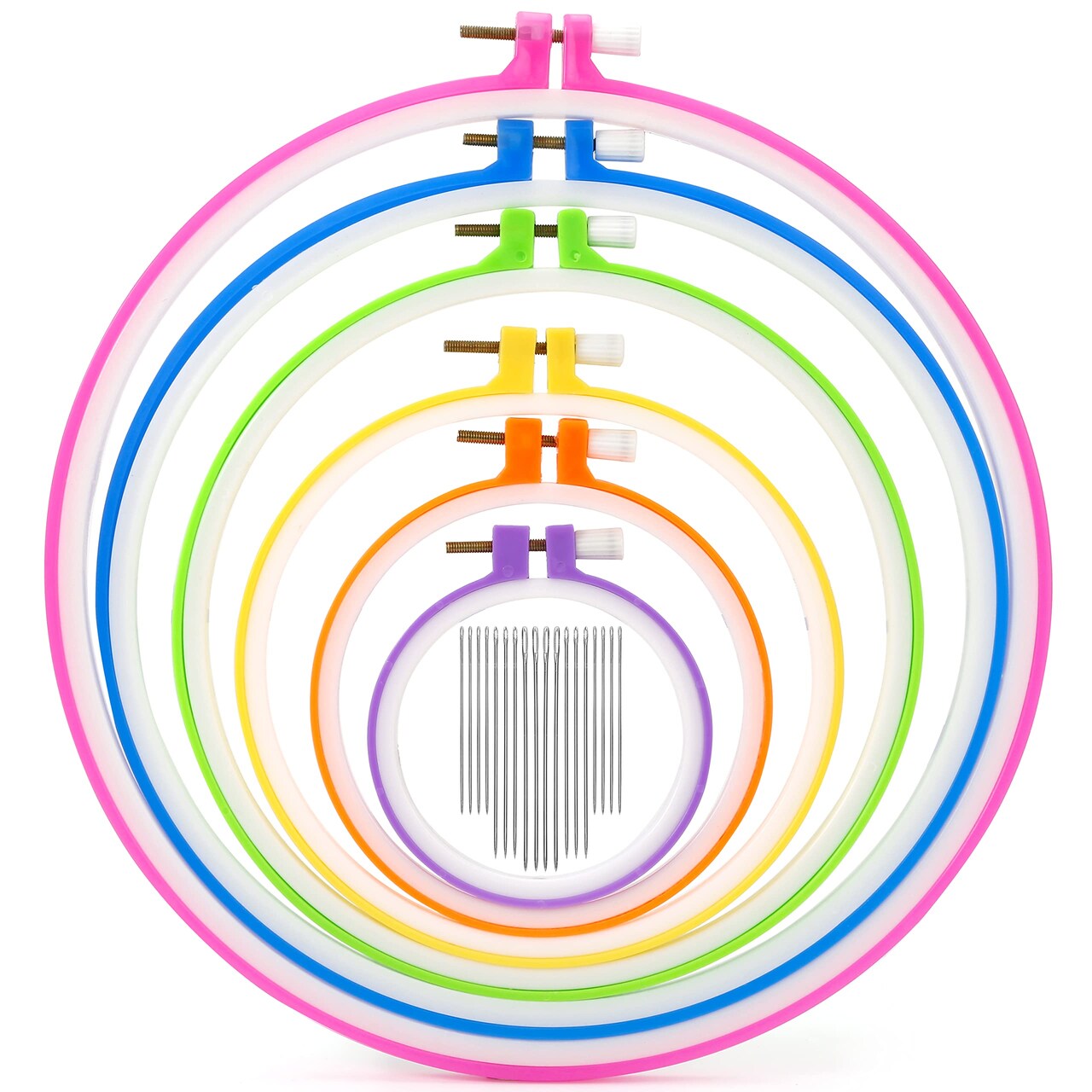 6 Pieces Plastic Embroidery Hoops Set and 16 Pieces Needles Plastic Circle Cross Stitch Hoop Ring 3.4 inch to 10.2 inch for Embroidery and Cross Stitch(Multicolor)